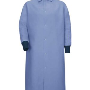 Gripper-Front Pocketless Butcher Coat With Knit Cuffs
